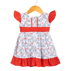 Girls Shortsleeve Printed White and Red Frock