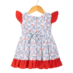 Girls Shortsleeve Printed White and Red Frock