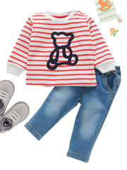 Boys Full Sleeve Tshirt and Denim - Red Teddy
