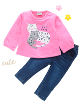 Full Sleeve Top with Full Denim - Pink Cat