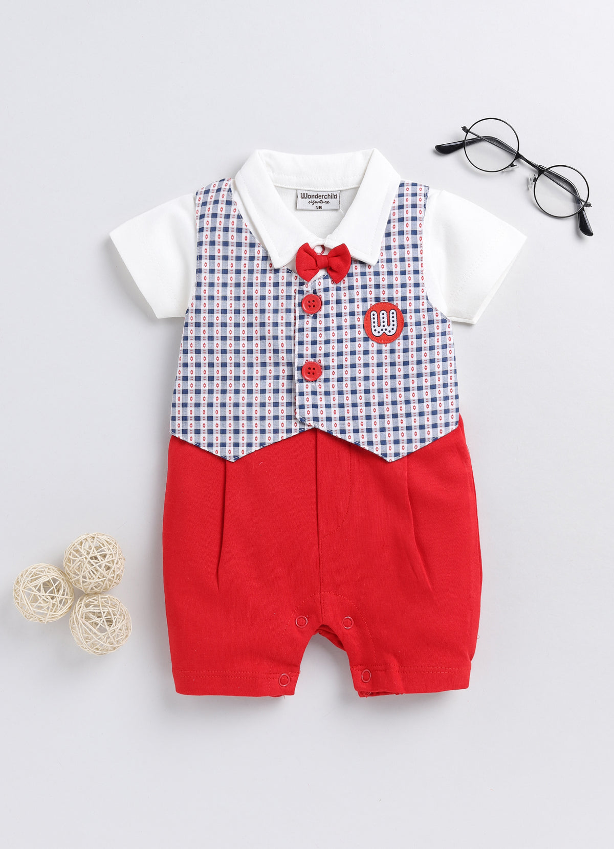 Boys Romper - Red Tie and Checks