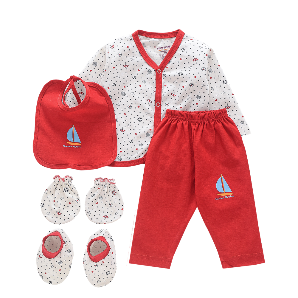 Products 5 Pcs infant gift set, full sleeves front open vest, diaper pajama, bib, mitten, bootie, Red